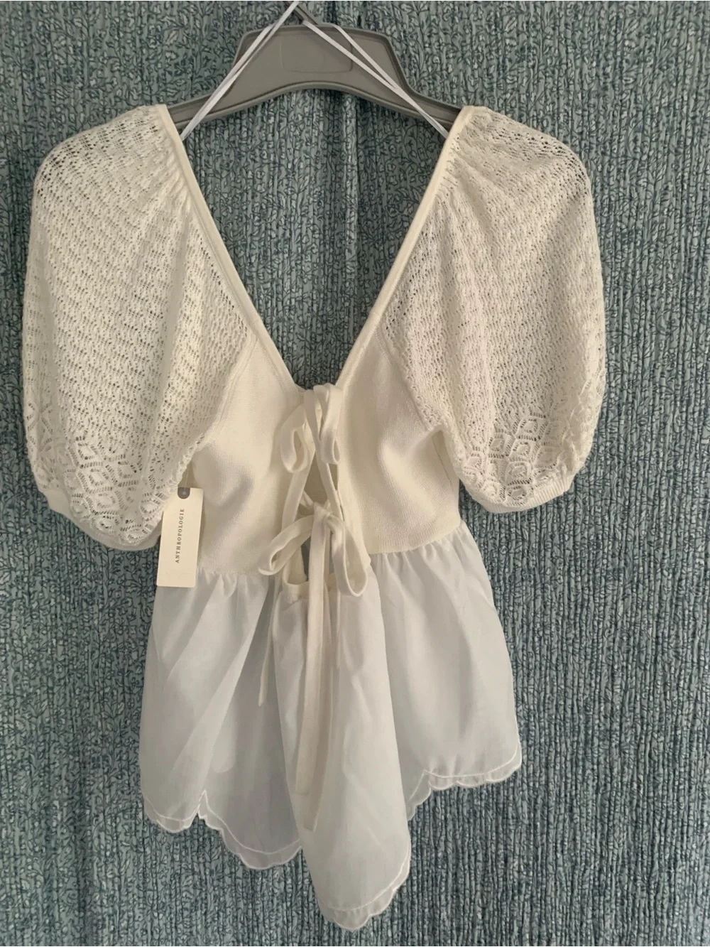 Anthropologie Cream Crochet Puff Sleeve Peplum Blouse
